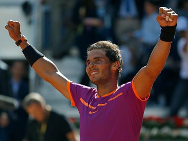 Rafael Nadal celebrates after defeating Novak Djokovic in their semifinal match at the Madrid Open. AP