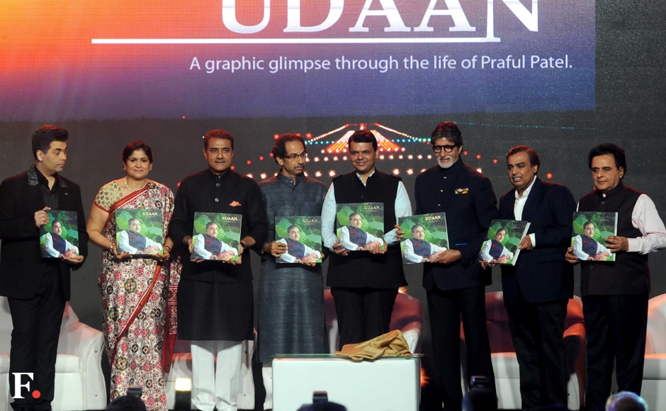 Nationalist Congress Party (NCP) leader Praful Patel's pictorial biography — Udaan — was unveiled in Mumbai on Sunday, 14 May 2017. On stage are (L-R) filmmaker Karan Johar, Varsha and Praful Patel, Shiv Sena president Uddhav Thackeray, Maharashtra Chief Minister Devendra Fadnavis, Amitabh Bachchan, and industrialist Mukesh Ambani. Photo: Sachin Gokhale/Firstpost Nationalist Congress Party (NCP) leader Praful Patel's pictorial biography — Udaan — was unveiled in Mumbai on Sunday, 14 May 2017. On stage are (L-R) filmmaker Karan Johar, Varsha and Praful Patel, Shiv Sena president Uddhav Thackeray, Maharashtra Chief Minister Devendra Fadnavis, Amitabh Bachchan, and industrialist Mukesh Ambani. Photo: Sachin Gokhale/Firstpost