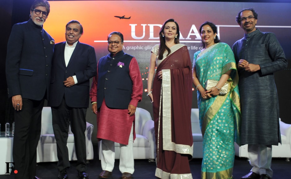 Photo call: Amitabh Bachchan and Mukesh Ambani; Nita Ambani with Rashmi and Uddhav Thackeray. Photo: Sachin Gokhale/Firstpost Photo call: Amitabh Bachchan and Mukesh Ambani; Nita Ambani with Rashmi and Uddhav Thackeray. Photo: Sachin Gokhale/Firstpost