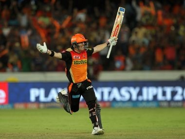 Sunrisers Hyderabad's David Warner celebrates his century against Kolkata Knight Riders. Sportzpics/IPL