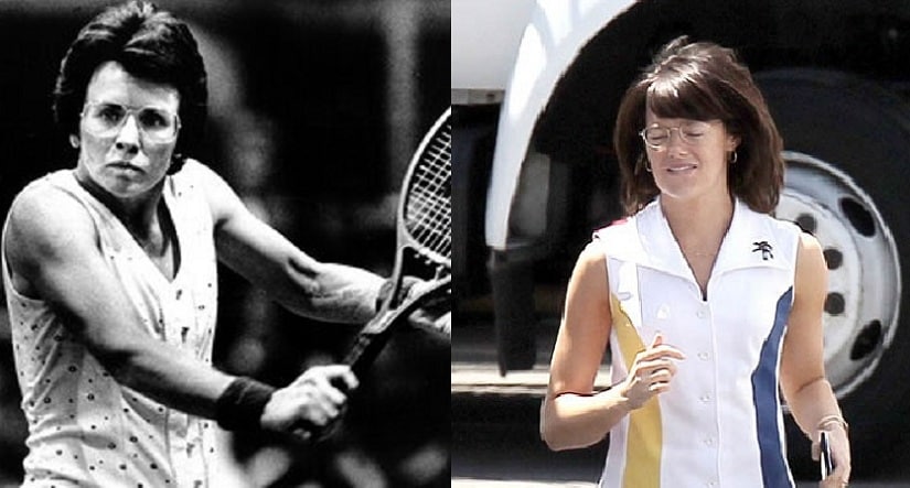 Former tennis player Billie Jean King (C) is joined by cast members Emma  Stone and Steve Carell during the premiere of the biographical sports  comedy Battle of the Sexes at the Regency