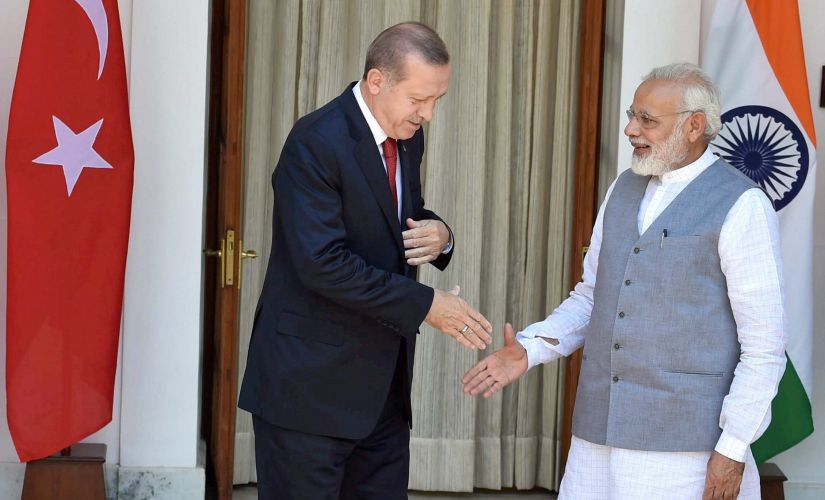 Prime Minister Narendra Modi with Turkish President Recep Tayyip Erdogan before a meeting at Hyderabad house in New Delhi on Monay. PTI