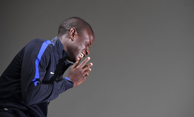Chelsea's N'Golo Kante reacts during a press conference. AFP