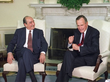 Former Greece prime minister Constantine Mitsotakis with then-US president George HW Bush in. AP