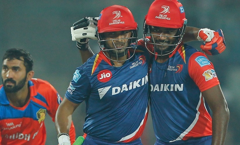 Rishabh Pant of the Delhi Daredevils celebrates his Fifty with Sanju Samson of the Delhi Daredevils during match 42 of the Vivo 2017 Indian Premier League between the Delhi Daredevils and the Gujarat Lions held at the Feroz Shah Kotla Stadium in Delhi, India on the 4th May 2017 Photo by Deepak Malik - Sportzpics - IPL