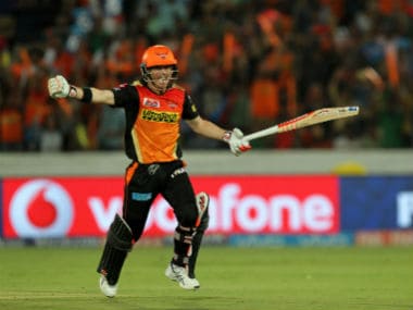 SRH captain David Warner celebrates his century against KKR in Hyderabad. Sportzpics