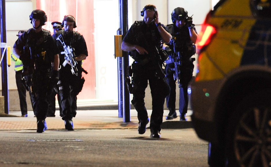 Armed police take position at the scene of the attack at London Bridge on Saturday. Police fired shots after reports of an incident reminiscent of a terror attack in March just five days ahead of the general elections, killing the three suspects. AFP Armed police take position at the scene of the attack at London Bridge on Saturday. Police fired shots after reports of an incident reminiscent of a terror attack in March just five days ahead of the general elections, killing the three suspects. AFP