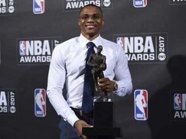 NBA Most Valuable Player Russell Westbrook poses in the press room at the 2017 NBA Awards Show. AP