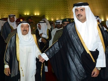 Kuwait's Emir Sheikh Sabah Al Ahmad Al Sabah with Qatar's Emir Sheikh Tamim bin Hamad Al Thani. AP