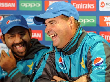 Pakistan coach Mickey Arthur attends a press conference with captain Sarfraz Ahmed ahead of their ICC Champions Trophy. AP