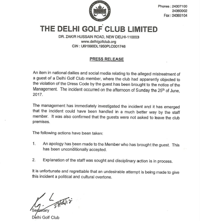 Press release issued by The Delhi Golf Club after the incident.