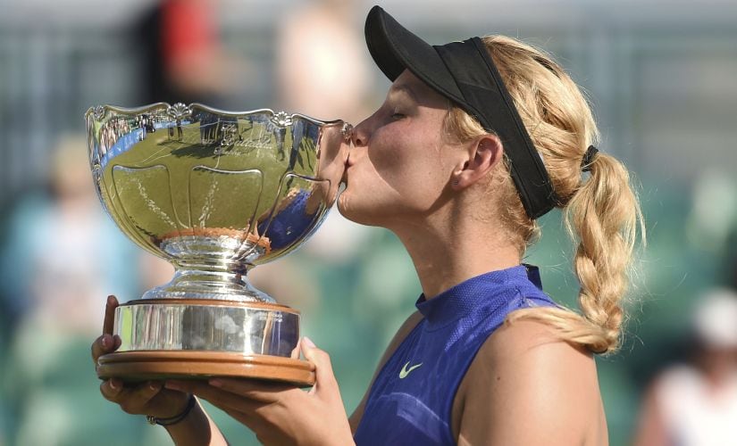 Donna Vekic kisses the trophy after winning the women's final at the Nottingham Open. AP
