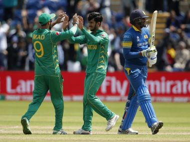 Hasan Ali celebrates with Imad Wasim in Pakistan's clash with Sri Lanka. Reuters