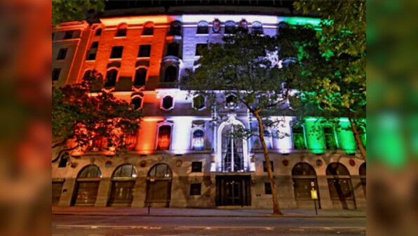 Indian High Commission building in London lit up in energy efficient tricolour
