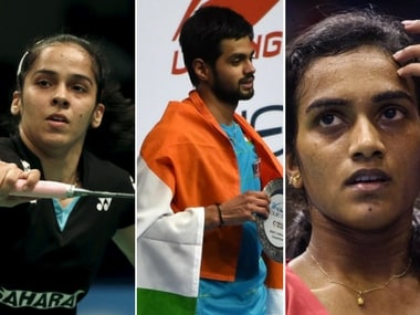 India's hopes at Indonesia SSP will rest on PV Sindhu (R), Saina Nehwal (L) and B Sai Praneeth (C). AFP
