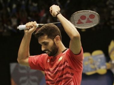 HS Prannoy reacts after defeating Chen Long in their quarter-final match at Indonesia Open. AP