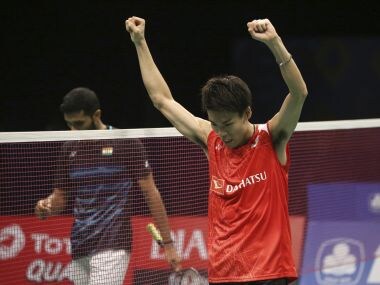 Japan's Kazumasa Sakai celebrate after defeating India's HS Prannoy in the semi-final. AP