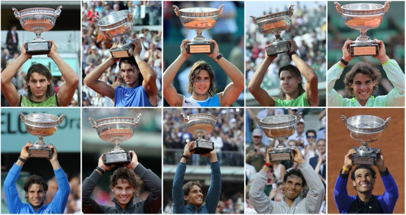 A collage of Rafael Nadal posing with the Muskeeters trophy during his ten French Open victories. AFP