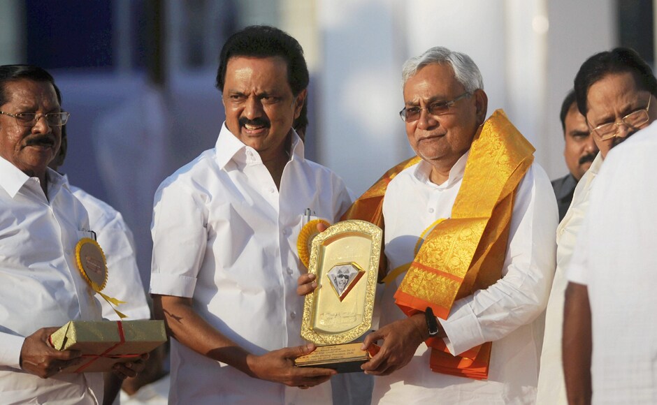 Hailing the DMK supremo for strengthening the social justice movement, Bihar CM Nitish Kumar pitched for total prohibition in the state if DMK came to power. He said the presence of several political bigwigs at the event reflected the respect Kalaignar (Karunanidhi) commanded in national politics. Kumar particularly lauded the DMK chief's role in implementing the Mandal commission's recommendations on OBC. PTI reservation. Hailing the DMK supremo for strengthening the social justice movement, Bihar CM Nitish Kumar pitched for total prohibition in the state if DMK came to power. He said the presence of several political bigwigs at the event reflected the respect Kalaignar (Karunanidhi) commanded in national politics. Kumar particularly lauded the DMK chief's role in implementing the Mandal commission's recommendations on OBC. PTI reservation.
