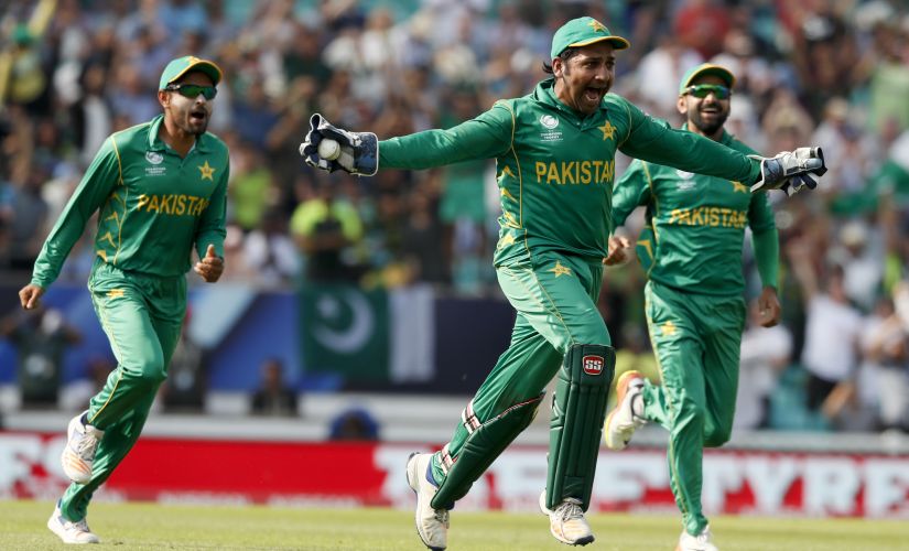 Pakistan captain Sarfraz Ahmed celebrating after beating India in the CHampions Trophy final at The Oval. AP