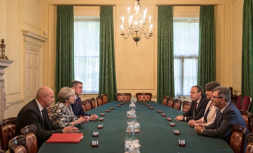 File image of Britain's prime minister Theresa May with Democratic Unionist Party Leader Arlene Foster. Reuters