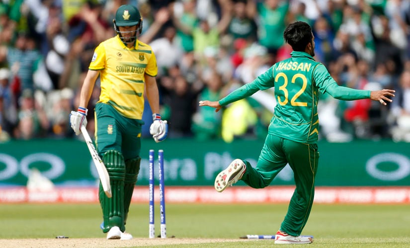 South Africa's Wayne Parnell is bowled out by Pakistan's Hasan Ali. Reuters