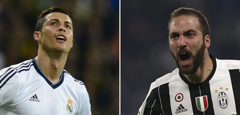 A combination of pictures created in London on May 31, 2017 Real Madrid's Portuguese forward Cristiano Ronaldo (L) reacting after missing an opportunity to score during the UEFA Champions League semi-final second leg football match Real Madrid CF vs Borussia Dortmund at the Santiago Bernabeu stadium in Madrid on April 30, 2013 and Juventus' Argentinian forward Gonzalo Higuain (R) celebrates after scoring during the UEFA Champions League football match Juventus Vs GNK Dinamo Zagreb on December 7, 2016 at the 'Juventus Stadium' in Turin. Italian champions Juventus face Spanish champions and Champions League trophy holders Real Madrid in the UEFA Champions League final in Cardiff on June 3. / AFP PHOTO / Javier Soriano AND Marco BERTORELLO