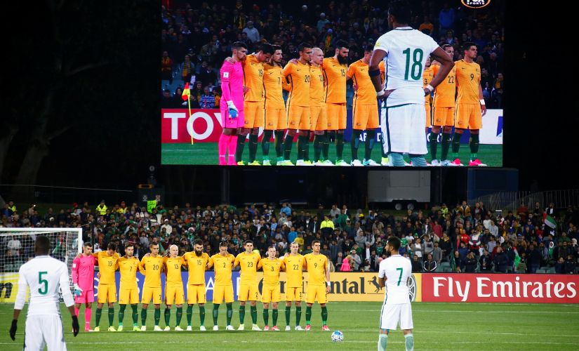 Soccer Football - Australia v Saudi Arabia - World Cup 2018 Qualifiers - Adelaide Oval, Adelaide, Australia - 08/06/2017 The Australian team stand together as they observe a minute's silence for victims of the London attacks, in which two Australians died. REUTERS/David Gray - RTX39QGJ