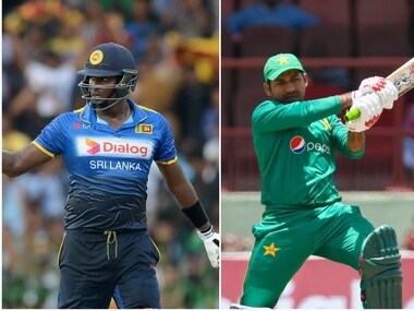Sri Lanka's Angelo Mathews and Pakistan's Sarfraz Ahmed. AFP