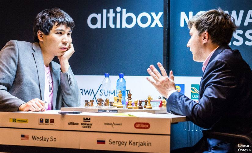 A completely crazy and complicated game between Wesley and Karjakin ended in a draw. Image courtesy: Lennart Ootes.