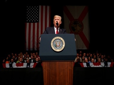 President Donald Trump delivers remarks on Cuba policy at Manuel Artime Theater. AP