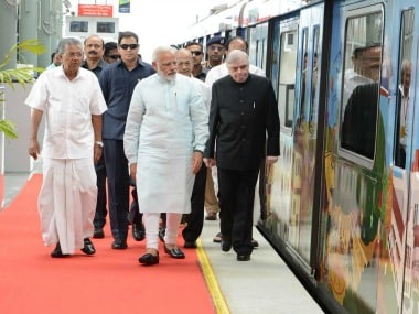 Narendra Modi with Kerala chief minister and other dignitaries at the launch of Kochi Metro on Saturday. Twitter @CMOKerala