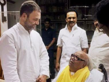 Congress v-ice-president Rahul Gandhi greets DMK chief M Karunanidhi on his 94th birthday in Chennai on Sunday. PTI