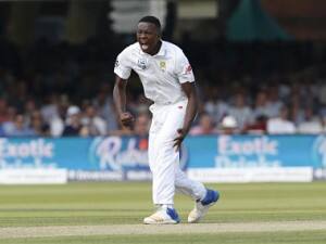 South Africas Kagiso Rabada celebrates taking the wicket of Englands Ben Stokes for 56 runs during the first day of the first Test match between England and South Africa at Lord's Cricket Ground in central London on July 6, 2017. / AFP PHOTO / Ian KINGTON