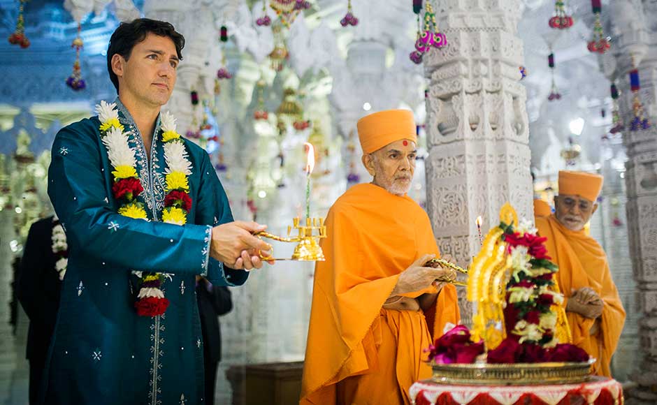 Canadian prime minister Justin Trudeau attended the 10th anniversary of the BAPS Shri Swaminarayan Mandir in Toronto on Sunday. AP Canadian prime minister Justin Trudeau attended the 10th anniversary of the BAPS Shri Swaminarayan Mandir in Toronto on Sunday. AP