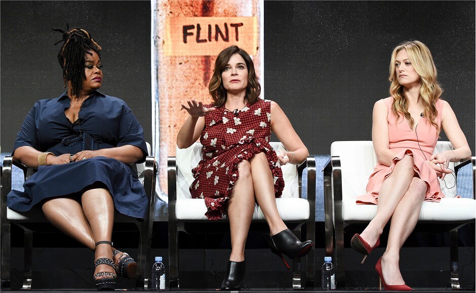 Jill Scott, from left, Betsy Brandt and Marin Ireland attend the 'Flint' panel during the A&E portion of the 2017 Summer TCA's at the Beverly Hilton Hotel on Friday, 28 July, 2017, in Beverly Hills, Calif. (Photo by Richard Shotwell/Invision/AP)