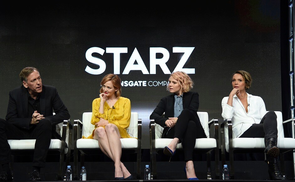 Creator/executive producer Lodge Kerrigan, from left, Louisa Krause, creator/executive producer Amy Seimetz and Carmen Ejogo participate in 'The Girlfriend Experience' panel during the Starz Television Critics Association Summer Press Tour at the Beverly Hilton on Friday, 28 July, 2017, in Beverly Hills, Calif. (Photo by Richard Shotwell/Invision/AP)