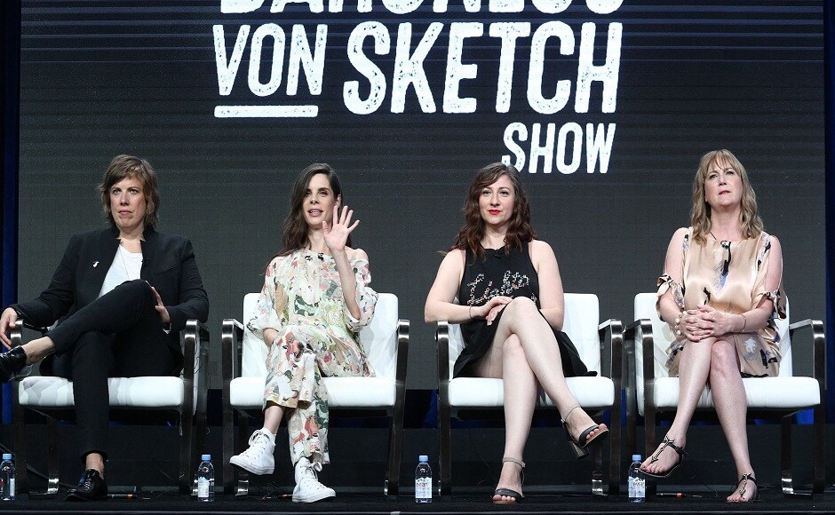 Carolyn Taylor, from left, Meredith MacNeill, Aurora Browne and Jennifer Whalen speak at the IFC TCA Panel: 'Baroness von Sketch Show' at the Beverly Hilton on Saturday, 29 July, 2017 in Beverly Hills, Calif. (Photo by Jordan Strauss/Invision for IFC/AP Images)