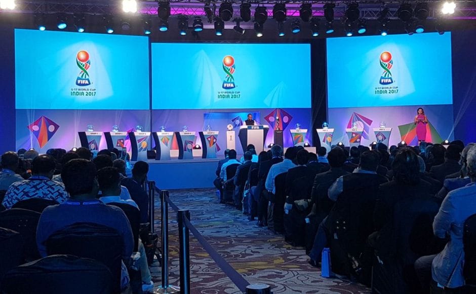 Union Sports Minister Vijay Goel speaks before the draw. Image courtesy: Twitter.com/@fifacom Union Sports Minister Vijay Goel speaks before the draw. Image courtesy: Twitter.com/@fifacom