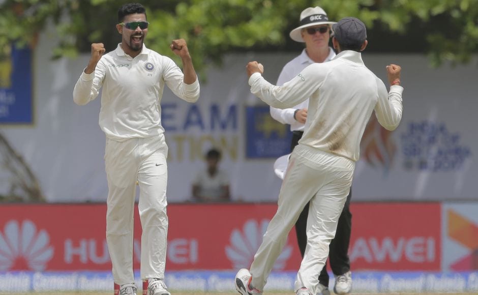 Ravindra Jadeja got his second wicket when he dismissed Angelo Mathews as Sri Lanka were reduced to 116-4. AP Ravindra Jadeja got his second wicket when he dismissed Angelo Mathews as Sri Lanka were reduced to 116-4. AP