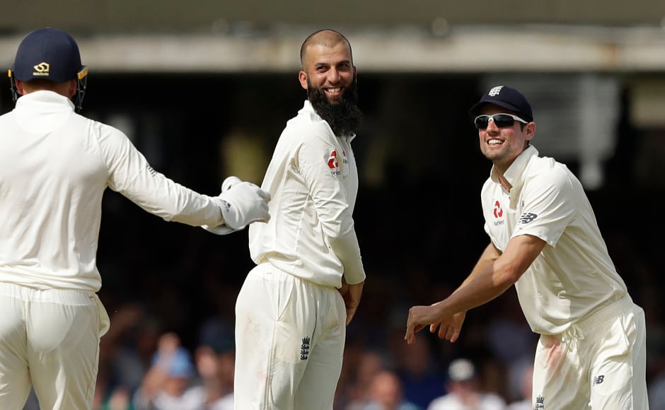 England's Moeen Ali struck twice, removing both Hashim Amla and Dean Elgar to leave South Africa at 98 for 3. AP
