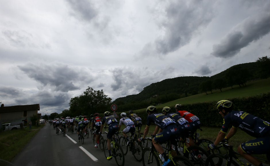 The pack rides during the tenth stage of the Tour de France cycling race over 178 kilometers (110.6 miles) with start in Perigueux and finish in Bergerac. AP
