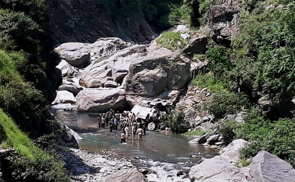 The bus carrying the pilgrims skidded off the road, turned turtle and rolled down into the nullah at Nachlana belt of Ramban late on Sunday afternoon. PTI The bus carrying the pilgrims skidded off the road, turned turtle and rolled down into the nullah at Nachlana belt of Ramban late on Sunday afternoon. PTI