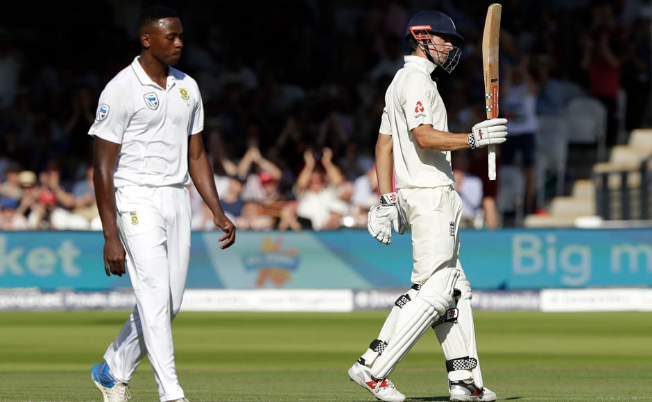 England's Alastair Cook celebrates reaching 50 runs next to South Africa's Kagiso Rabada who was bowling during the first test between England and South Africa at Lord's cricket ground. AP England's Alastair Cook celebrates reaching 50 runs next to South Africa's Kagiso Rabada who was bowling during the first test between England and South Africa at Lord's cricket ground. AP