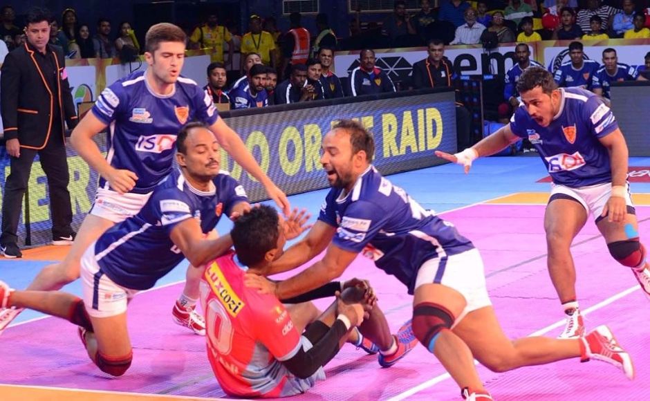 However, the Delhi defenders were on a row and started gaining point after point to notch up a memorable come-from-behind win over Season 1 champions Jaipur Pink Panthers. Image Courtesy: www.prokabaddi.com However, the Delhi defenders were on a row and started gaining point after point to notch up a memorable come-from-behind win over Season 1 champions Jaipur Pink Panthers. Image Courtesy: www.prokabaddi.com