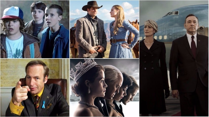   The full list of nominees for the 2017 Primetime Emmy Awards has been announced. Here we see pictures (clockwise from the upper left corner): Stranger Things, Westworld, House of Cards, The Crown, Better Call Saul 