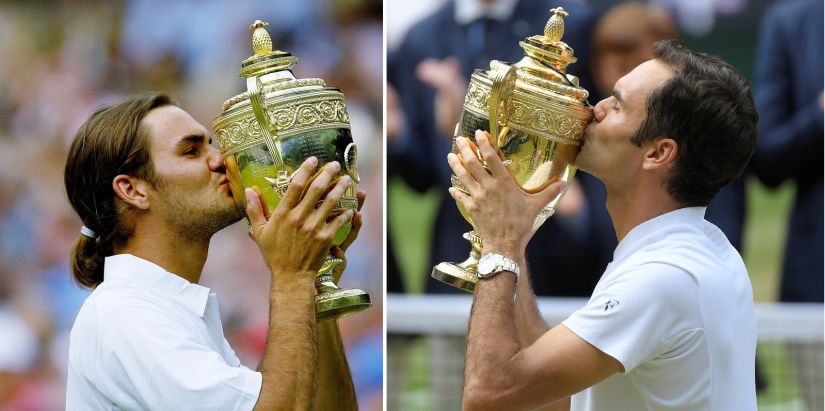 Switzerland's Roger Federer kisses the winner's trophy after winning the men's singles final against Australia's Mark Philippoussis at the Wimbledon Tennis Championships in London, in this July 6, 2003 file photo. After winning Wimbledon in 2003 Switzerland's Roger Federer spent the rest of the decade ripping up the record books, winning a further 14 grand slam titles to surpass the total of Pete Sampras who dominated the 1990s. In 2009 he reached every grand slam final and won the French Open for the first time. Picture taken July 6, 2003. To match feature -DECADE/ REUTERS/ Jeff J Mitchell (UNITED KINGDOM - Tags: SPORT TENNIS) - RTXS1SY