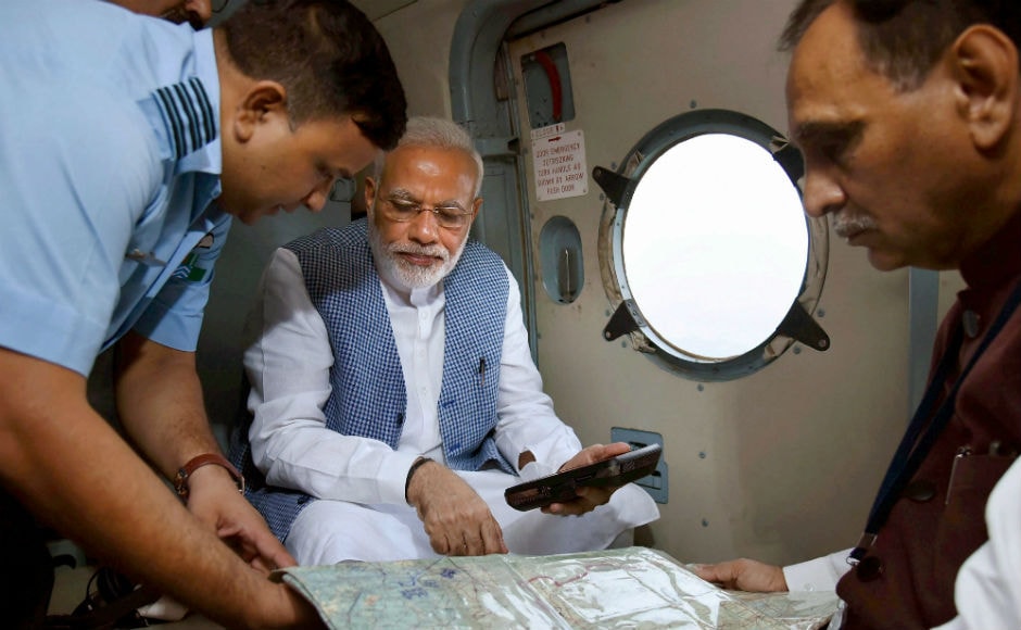 Prime Minister Narendra Modi carried out an aerial survey of the worst-hit Banaskantha and Patan districts in his home state. PTI