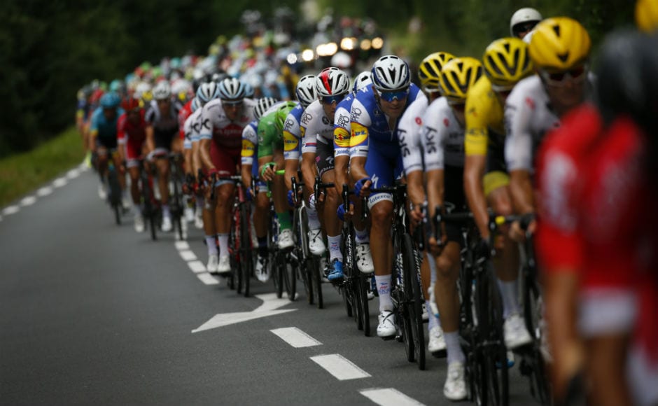 The pack rides during the tenth stage of the Tour de France cycling race over 178 kilometers (110.6 miles) with start in Perigueux and finish in Bergerac. AP