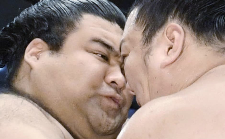 Takayasu (L) and Ikioi glare at each other during a match on the second day of the competition. Most fights last only for a few seconds and it rarely goes on for more than a minute. AP Takayasu (L) and Ikioi glare at each other during a match on the second day of the competition. Most fights last only for a few seconds and it rarely goes on for more than a minute. AP